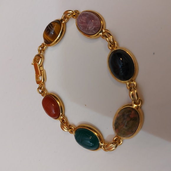 Multi Stones Scarab Bracelet Gold Tone Links Semiprecious Gems - Picture 2 of 9